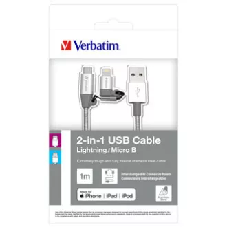 Kabel USB Verbatim (2.0), USB A męski - microUSB męski   Apple Lightning męski, 1 m, srebrny, pudełko, 48869, 2 w 1 - regulowany