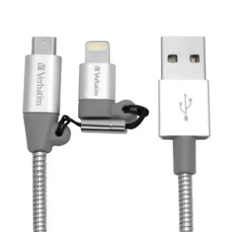 Kabel USB Verbatim (2.0), USB A męski - microUSB męski   Apple Lightning męski, 1 m, srebrny, pudełko, 48869, 2 w 1 - regulowany