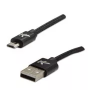 Kabel USB z logo (2.0), USB A męski - microUSB męski, 1 m, 480 Mb/s, 5 V/2 A, czarny, pudełko, nylonowy oplot, aluminiowa osłona złącza