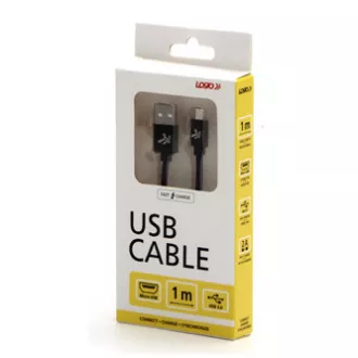 Kabel USB z logo (2.0), USB A męski - microUSB męski, 1 m, 480 Mb/s, 5 V/2 A, czarny, pudełko, nylonowy oplot, aluminiowa osłona złącza