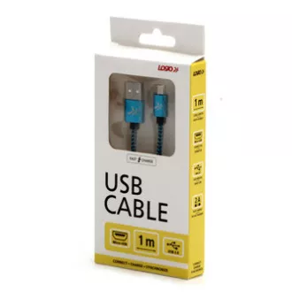 Kabel USB z logo (2.0), USB A męski - microUSB męski, 1 m, 480 Mb/s, 5 V/2 A, niebieski, pudełko, nylonowy oplot, aluminiowa osłona złącza