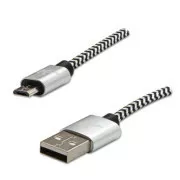 Kabel USB z logo (2.0), USB A męski - microUSB męski, 1 m, 480 Mb/s, 5 V/2 A, srebrny, pudełko, nylonowy oplot, aluminiowa zaślepka końcowa