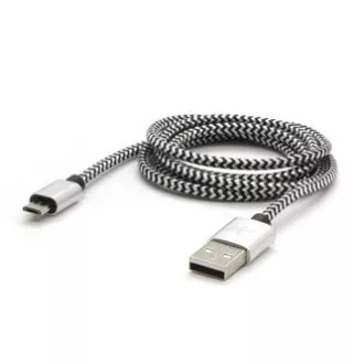 Kabel USB z logo (2.0), USB A męski - microUSB męski, 1 m, 480 Mb/s, 5 V/2 A, srebrny, pudełko, nylonowy oplot, aluminiowa zaślepka końcowa