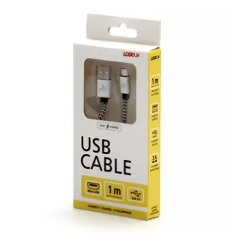 Kabel USB z logo (2.0), USB A męski - microUSB męski, 1 m, 480 Mb/s, 5 V/2 A, srebrny, pudełko, nylonowy oplot, aluminiowa zaślepka końcowa