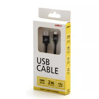 Kabel USB z logo (2.0), USB A męski - microUSB męski, 2 m, 480 Mb/s, 5 V/1 A, czarny, pudełko, nylonowy oplot, aluminiowa osłona złącza
