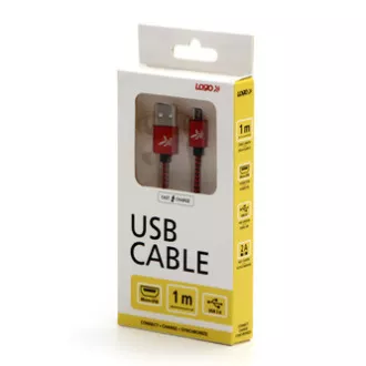 Kabel USB z logo (2.0), USB A męski - microUSB męski, 2 m, 480 Mb/s, 5 V/1 A, czerwony, pudełko, nylonowy oplot, aluminiowa osłona złącza