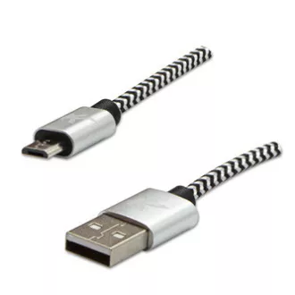 Kabel USB z logo (2.0), USB A męski - microUSB męski, 2 m, 480 Mb/s, 5 V/1 A, srebrny, pudełko, nylonowy oplot, aluminiowa zaślepka końcowa