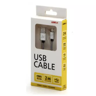 Kabel USB z logo (2.0), USB A męski - microUSB męski, 2 m, 480 Mb/s, 5 V/1 A, srebrny, pudełko, nylonowy oplot, aluminiowa zaślepka końcowa