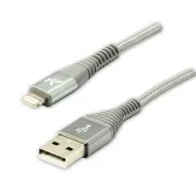 Kabel USB z logo (2.0), USB A męski - Apple Lightning męski, 1 m, certyfikat MFi, 5 V/2,4 A, srebrny, pudełko, nylonowy oplot, hli