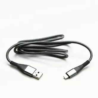 Kabel USB z logo (2.0), USB A męski - Apple Lightning męski, 1 m, certyfikat MFi, 5 V/2,4 A, srebrny, pudełko, nylonowy oplot, hli