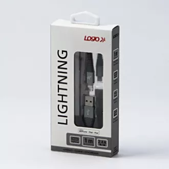 Kabel USB z logo (2.0), USB A męski - Apple Lightning męski, 1 m, certyfikat MFi, 5 V/2,4 A, srebrny, pudełko, nylonowy oplot, hli