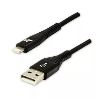 Kabel USB z logo (2.0), USB A męski - Apple Lightning męski, 1 m, certyfikat MFi, 5 V/2,4 A, czarny, pudełko, nylonowy oplot, aluminium