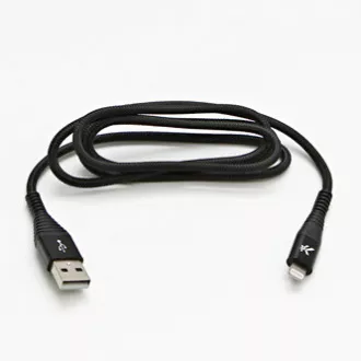 Kabel USB z logo (2.0), USB A męski - Apple Lightning męski, 1 m, certyfikat MFi, 5 V/2,4 A, czarny, pudełko, nylonowy oplot, aluminium