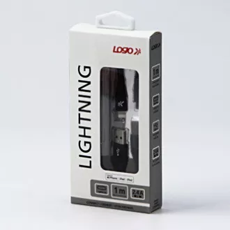 Kabel USB z logo (2.0), USB A męski - Apple Lightning męski, 1 m, certyfikat MFi, 5 V/2,4 A, czarny, pudełko, nylonowy oplot, aluminium