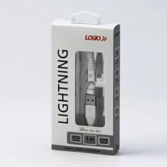 Kabel USB z logo (2.0), USB A męski - Apple Lightning męski, 1 m, certyfikat MFi, 5 V/2,4 A, biały, pudełko, nylonowy oplot, aluminium