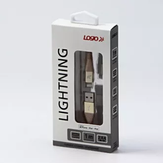 Kabel USB z logo (2.0), USB A męski - Apple Lightning męski, 1 m, certyfikat MFi, 5 V/2,4 A, złoty, pudełko, nylonowy oplot, aluminium