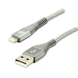 Kabel USB z logo (2.0), USB A męski - Apple Lightning męski, 2 m, certyfikat MFi, 5 V/2,4 A, srebrny, pudełko, nylonowy oplot, hli