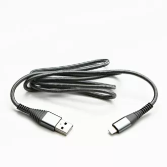 Kabel USB z logo (2.0), USB A męski - Apple Lightning męski, 2 m, certyfikat MFi, 5 V/2,4 A, srebrny, pudełko, nylonowy oplot, hli