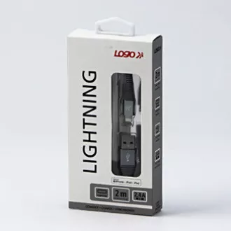 Kabel USB z logo (2.0), USB A męski - Apple Lightning męski, 2 m, certyfikat MFi, 5 V/2,4 A, srebrny, pudełko, nylonowy oplot, hli