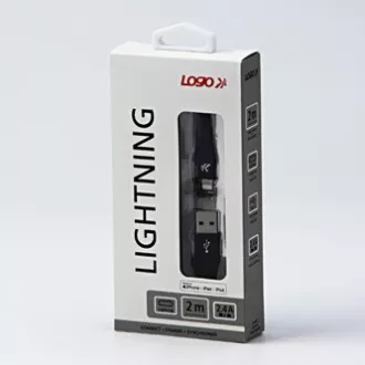 Kabel USB z logo (2.0), USB A męski - Apple Lightning męski, 2 m, certyfikat MFi, 5 V/2,4 A, czarny, pudełko, nylonowy oplot, aluminium