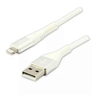 Kabel USB z logo (2.0), USB A męski - Apple Lightning męski, 2 m, certyfikat MFi, 5 V/2,4 A, biały, pudełko, nylonowy oplot, aluminium