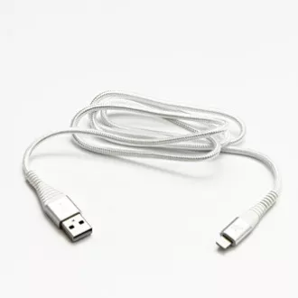 Kabel USB z logo (2.0), USB A męski - Apple Lightning męski, 2 m, certyfikat MFi, 5 V/2,4 A, biały, pudełko, nylonowy oplot, aluminium