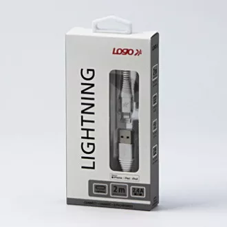 Kabel USB z logo (2.0), USB A męski - Apple Lightning męski, 2 m, certyfikat MFi, 5 V/2,4 A, biały, pudełko, nylonowy oplot, aluminium