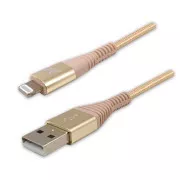 Kabel USB z logo (2.0), USB A męski - Apple Lightning męski, 2 m, certyfikat MFi, 5 V/2,4 A, złoty, pudełko, nylonowy oplot, aluminium