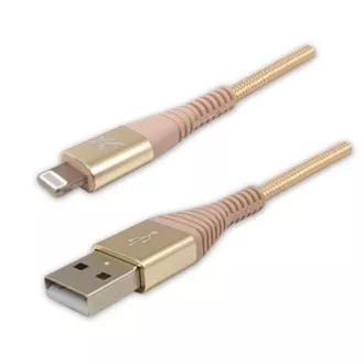 Kabel USB z logo (2.0), USB A męski - Apple Lightning męski, 2 m, certyfikat MFi, 5 V/2,4 A, złoty, pudełko, nylonowy oplot, aluminium