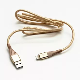 Kabel USB z logo (2.0), USB A męski - Apple Lightning męski, 2 m, certyfikat MFi, 5 V/2,4 A, złoty, pudełko, nylonowy oplot, aluminium