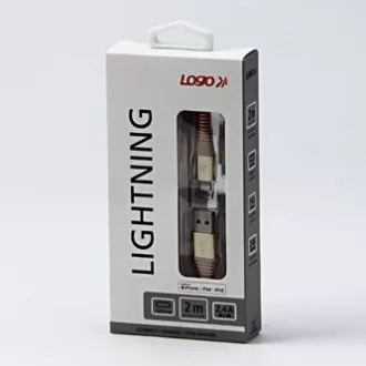 Kabel USB z logo (2.0), USB A męski - Apple Lightning męski, 2 m, certyfikat MFi, 5 V/2,4 A, złoty, pudełko, nylonowy oplot, aluminium