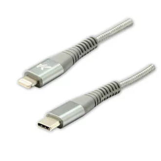 Kabel USB z logo (2.0), USB C męski - Apple Lightning męski, 1 m, certyfikat MFi, 5 V/3 A, srebrny, pudełko, nylonowy oplot, aluminium