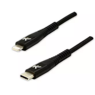 Kabel USB z logo (2.0), USB C męski - Apple Lightning męski, 1 m, certyfikat MFi, 5 V/3 A, czarny, pudełko, nylonowy oplot, aluminium