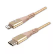 Kabel USB z logo (2.0), USB C męski - Apple Lightning męski, 1 m, certyfikat MFi, 5 V/3 A, złoty, pudełko, nylonowy oplot, aluminium