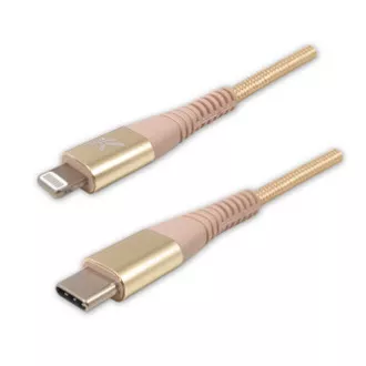 Kabel USB z logo (2.0), USB C męski - Apple Lightning męski, 1 m, certyfikat MFi, 5 V/3 A, złoty, pudełko, nylonowy oplot, aluminium