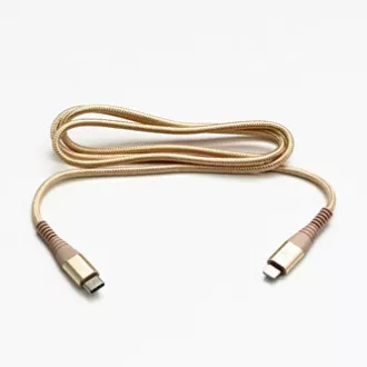 Kabel USB z logo (2.0), USB C męski - Apple Lightning męski, 1 m, certyfikat MFi, 5 V/3 A, złoty, pudełko, nylonowy oplot, aluminium