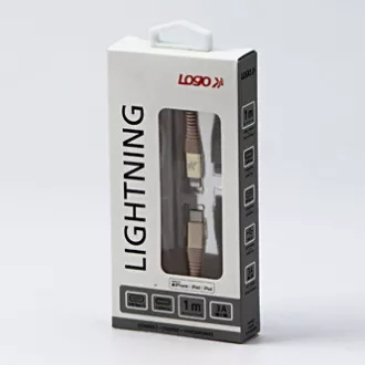 Kabel USB z logo (2.0), USB C męski - Apple Lightning męski, 1 m, certyfikat MFi, 5 V/3 A, złoty, pudełko, nylonowy oplot, aluminium