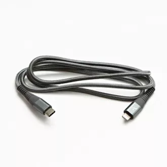 Kabel USB z logo (2.0), USB C męski - Apple Lightning męski, 2 m, certyfikat MFi, 5 V/3 A, srebrny, pudełko, nylonowy oplot, aluminium