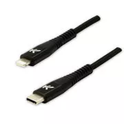 Kabel USB z logo (2.0), USB C męski - Apple Lightning męski, 2 m, certyfikat MFi, 5 V/3 A, czarny, pudełko, nylonowy oplot, aluminium