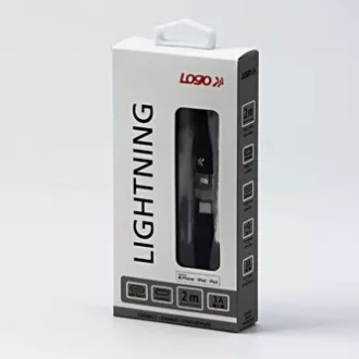 Kabel USB z logo (2.0), USB C męski - Apple Lightning męski, 2 m, certyfikat MFi, 5 V/3 A, czarny, pudełko, nylonowy oplot, aluminium
