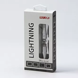 Kabel USB z logo (2.0), USB C męski - Apple Lightning męski, 2 m, certyfikat MFi, 5 V/3 A, biały, pudełko, nylonowy oplot, aluminium