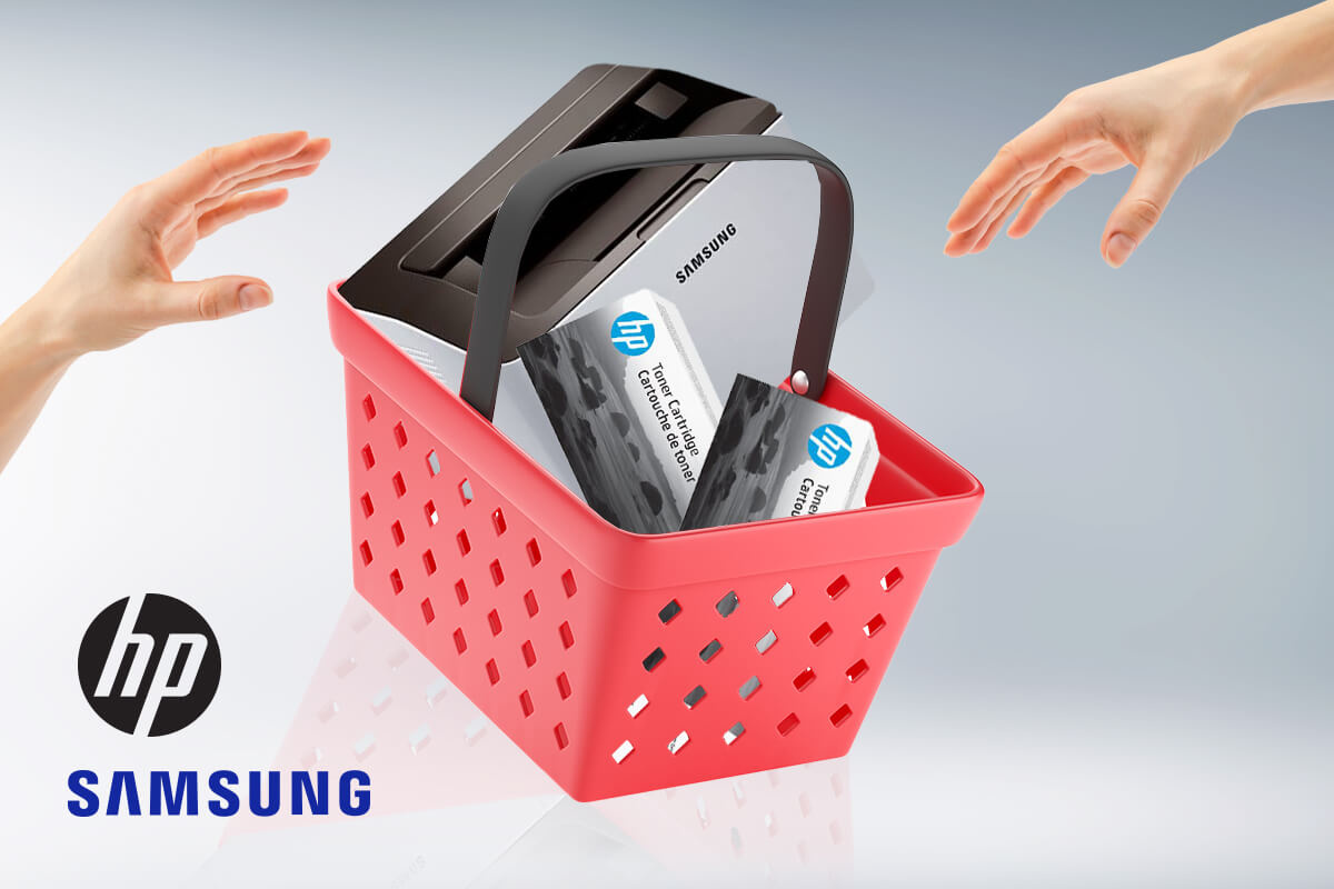 Koszyk zakupowy zawierający drukarkę Samsunga i dwie paczki oryginalnych tonerów HP, które są z nią kompatybilne.