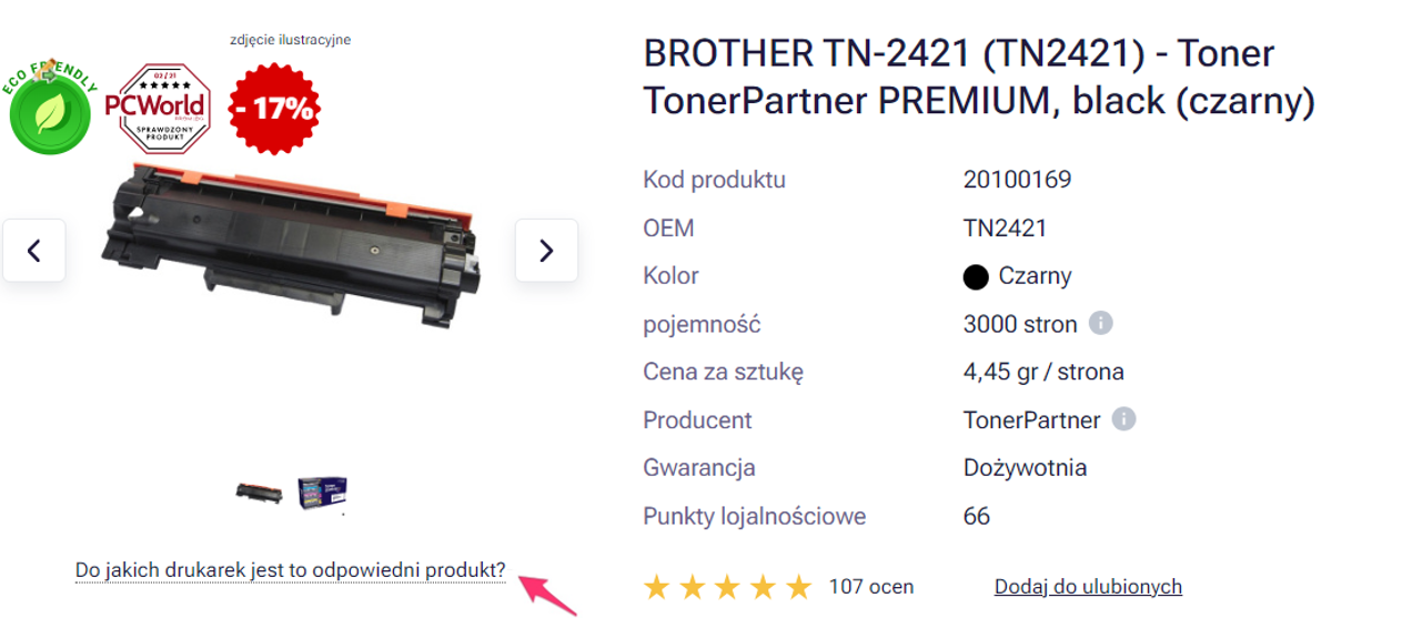 Zrzut ekranu ze szczegółami wkładu ze strony TonerPartner.pl ze strzałką wskazującą informacje o kompatybilności danego wkładu. 