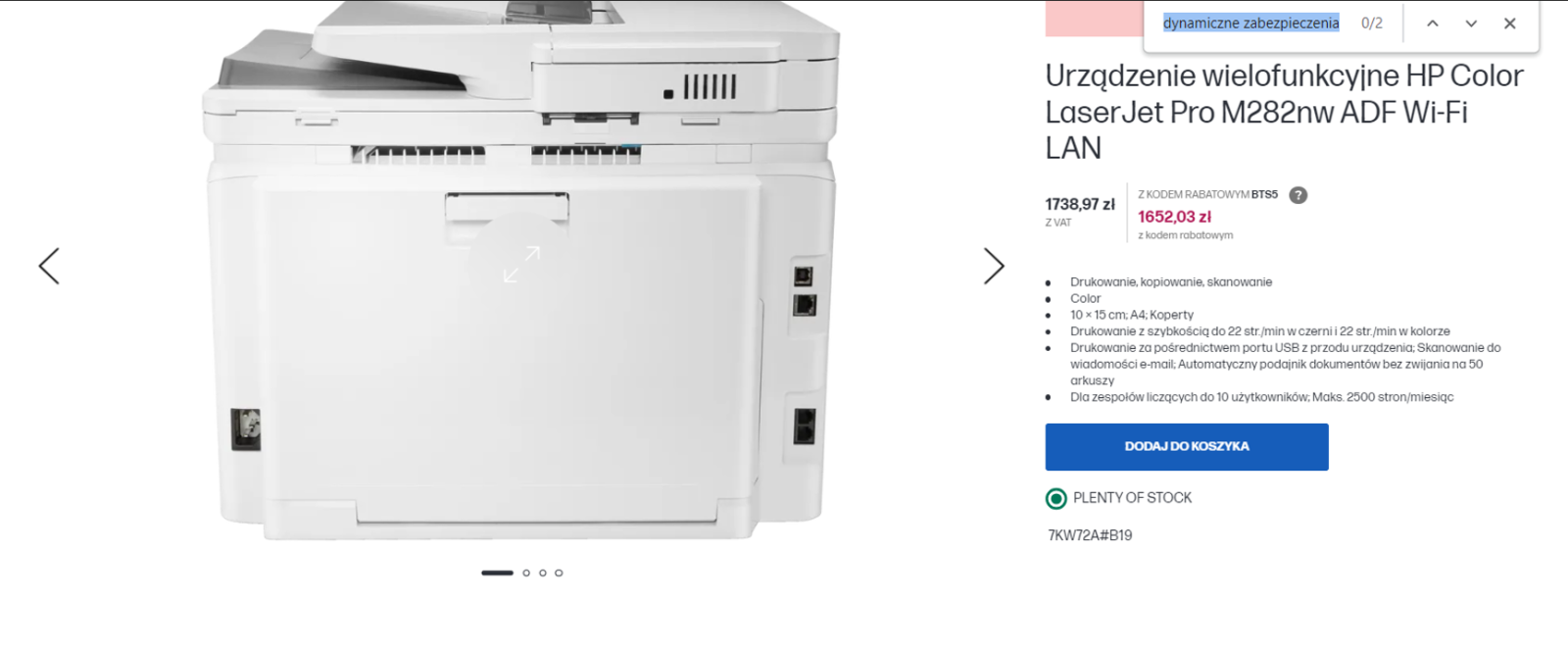 Zrzut ekranu strony produktowej drukarki HP Color LaserJet Pro M282nw z przefiltrowaną frazą „dynamiczne zabezpieczenia: 